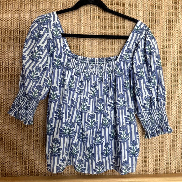 Ophelia & Indigo Mary Top XS Blue Stripe Floral Smocked Puff Sleeve - Picture 4 of 8